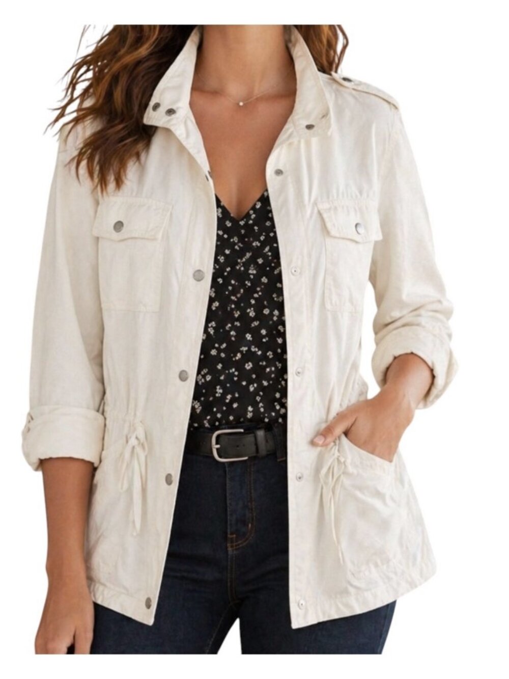 Loft Cream Utility Jacket Quiet Luxury Coastal Drawstring Waist Cargo Pockets S